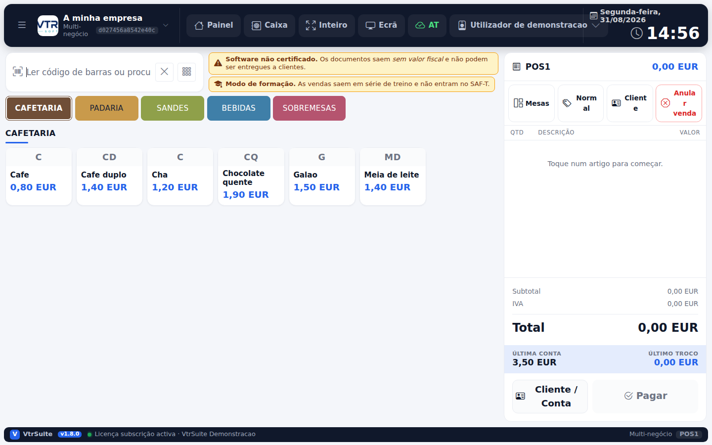 Terminal POS VtrSuite com famílias, artigos e carrinho de venda